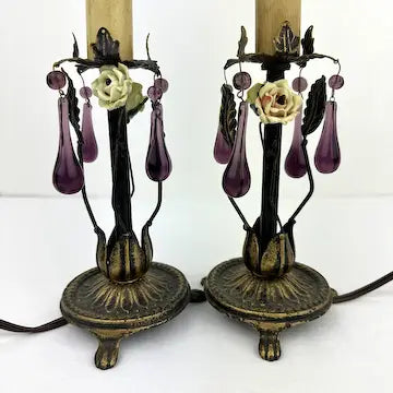 Pair of Vintage Table Lamps with Amethyst Drops and Czech Bead Covers