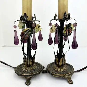 Pair of Vintage Table Lamps with Amethyst Drops and Czech Bead Covers