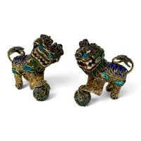 Early 20th‑Century Chinese Cloisonné Guardian Lions • Rotating Heads & Spinning Balls • Miniature Filigree Pair