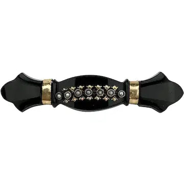 Victorian French Jet Mourning Bar Brooch with Seed Pearls