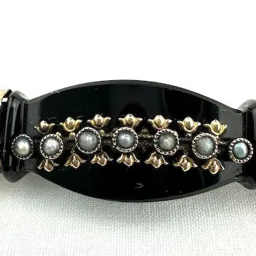 Victorian French Jet Mourning Bar Brooch with Seed Pearls