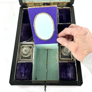 Victorian Wood Marquetry Sewing Vanity Box with 2 Fragrance Bottles
