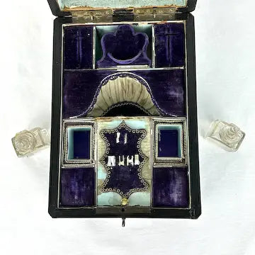 Victorian Wood Marquetry Sewing Vanity Box with 2 Fragrance Bottles