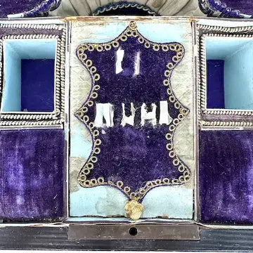 Victorian Wood Marquetry Sewing Vanity Box with 2 Fragrance Bottles