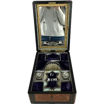 Victorian Wood Marquetry Sewing Vanity Box with 2 Fragrance Bottles
