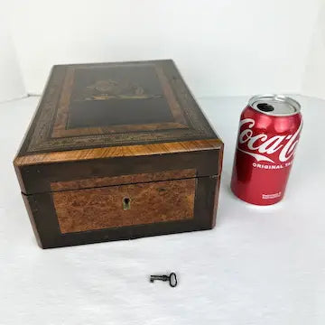 Victorian Wood Marquetry Sewing Vanity Box with 2 Fragrance Bottles