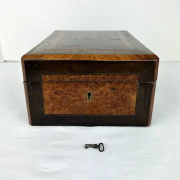 Victorian Wood Marquetry Sewing Vanity Box with 2 Fragrance Bottles