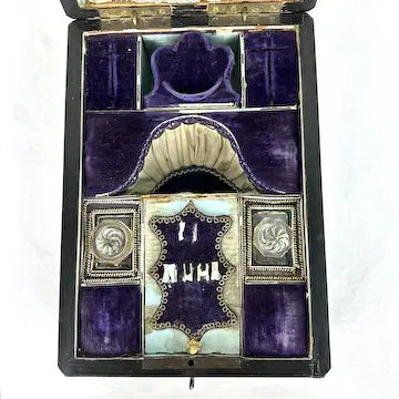 Victorian Wood Marquetry Sewing Vanity Box with 2 Fragrance Bottles