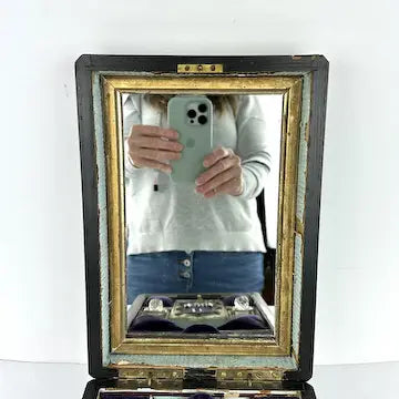 Victorian Wood Marquetry Sewing Vanity Box with 2 Fragrance Bottles