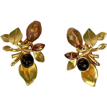 Vintage Gem Craft Gold Tone and Glass Stone Floral Earrings