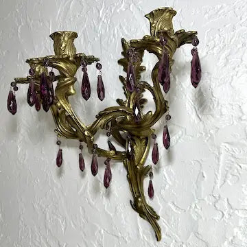 Vintage Glo-Mar Artworks Candelabra Sconce with Amethyst Glass Drops