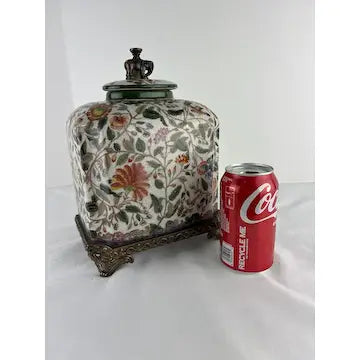 Vintage Handpainted Chinese Export Jar with Brass Base and Finial signed Hua Rong Tang Zhi