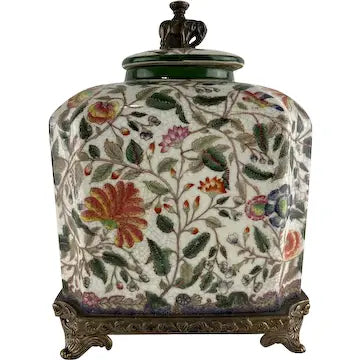 Vintage Handpainted Chinese Export Jar with Brass Base and Finial signed Hua Rong Tang Zhi