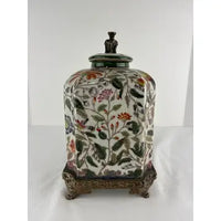 Vintage Handpainted Chinese Export Jar with Brass Base and Finial signed Hua Rong Tang Zhi