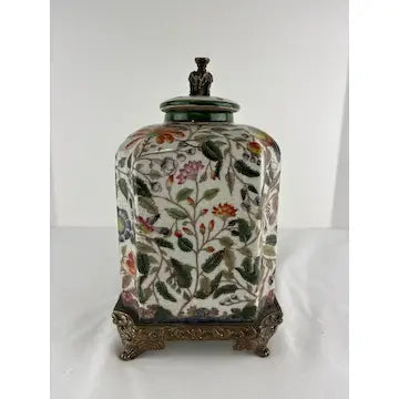 Vintage Handpainted Chinese Export Jar with Brass Base and Finial signed Hua Rong Tang Zhi
