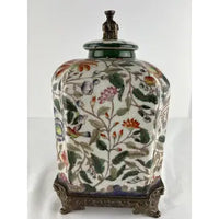 Vintage Handpainted Chinese Export Jar with Brass Base and Finial signed Hua Rong Tang Zhi