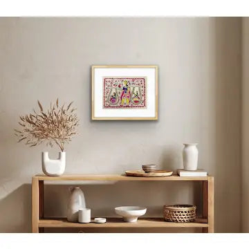 Vintage Mudhubani Folk Art Painting of Woman Carrying Two Seated Women