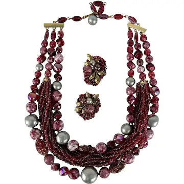 Vintage Pink Glass Lava Bead Aurora Borrealis Necklace and Earring set