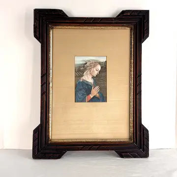 Vintage Print of Madonna Adorante on Silk in a Victorian Wood Frame
