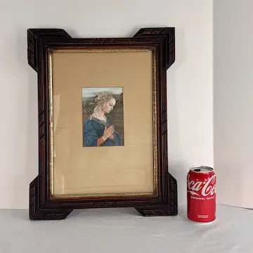 Vintage Print of Madonna Adorante on Silk in a Victorian Wood Frame