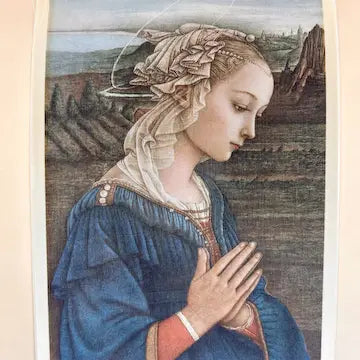 Vintage Print of Madonna Adorante on Silk in a Victorian Wood Frame